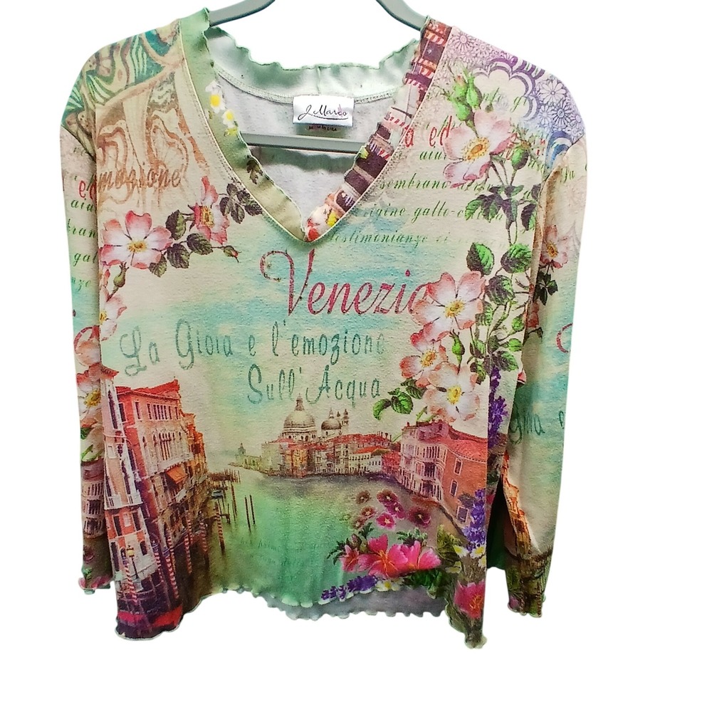 J. Marco Venice Scenic Print Top XL Green Floral Art to Wear Lettuce Edge Trim